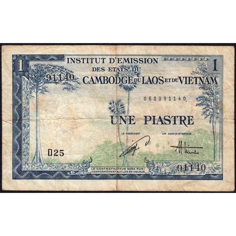 Indochine Française - Vietnam - Pick 105 - 1 piastre - Série D25 - 1954 - Etat : B