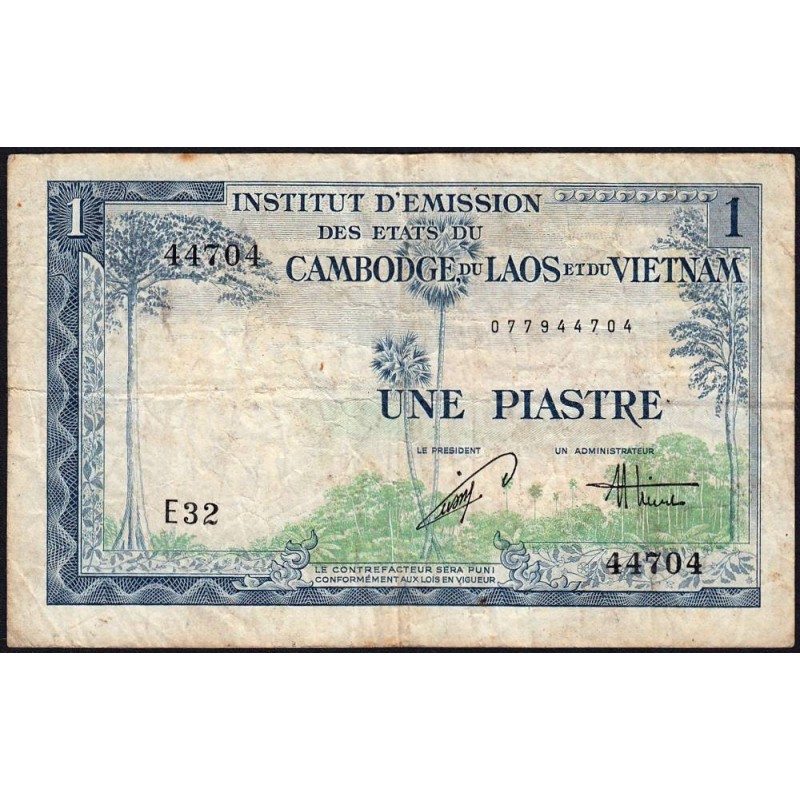 Indochine Française - Vietnam - Pick 105 - 1 piastre - Série E32 - 1954 - Etat : B+