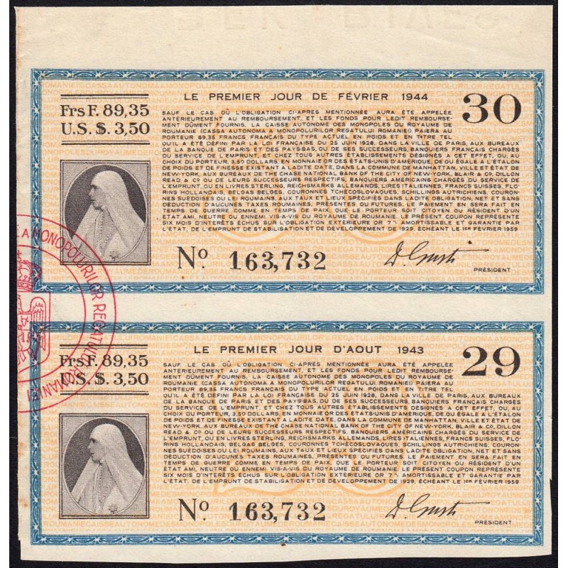 Roumanie - Paire de coupons - 89,35 francs - 1943-1944 - Etat : SUP