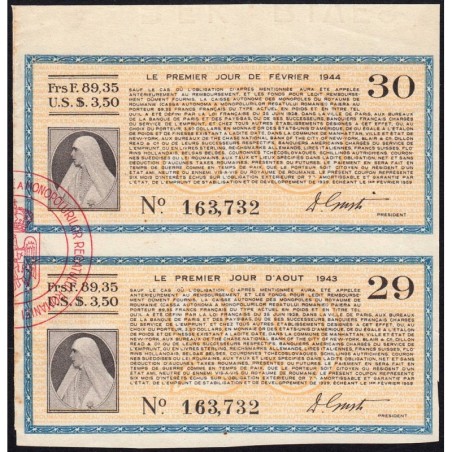 Roumanie - Paire de coupons - 89,35 francs - 1943-1944 - Etat : SUP