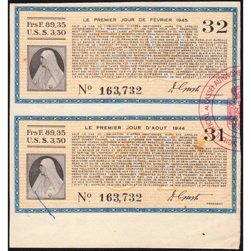 Roumanie - Paire de coupons - 89,35 francs - 1944-1945 - Etat : SUP