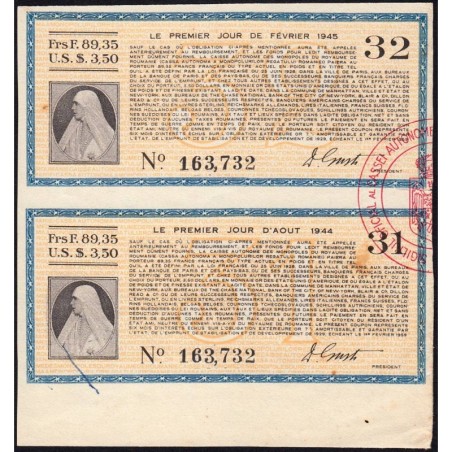 Roumanie - Paire de coupons - 89,35 francs - 1944-1945 - Etat : SUP