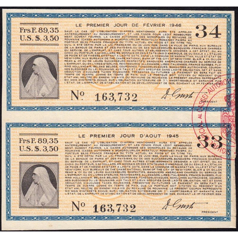 Roumanie - Paire de coupons - 89,35 francs - 1945-1946 - Etat : SUP