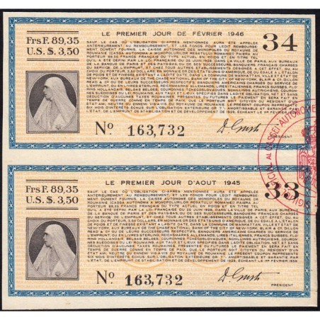 Roumanie - Paire de coupons - 89,35 francs - 1945-1946 - Etat : SUP