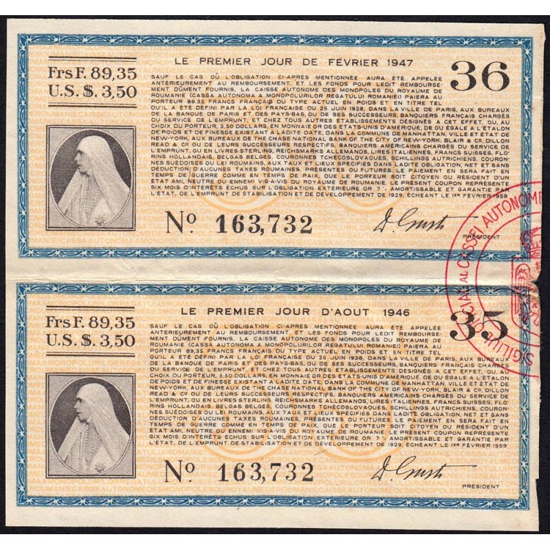 Roumanie - Paire de coupons - 89,35 francs - 1946-1947 - Etat : TTB