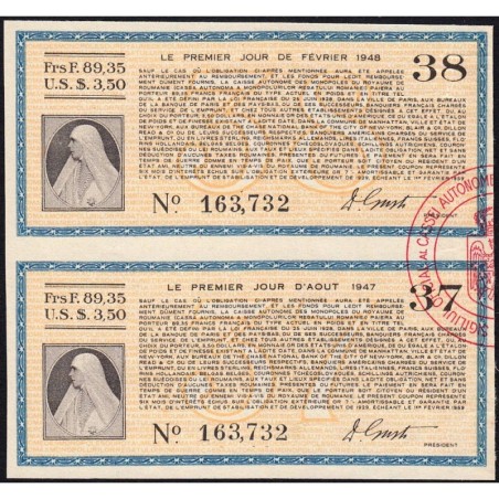 Roumanie - Paire de coupons - 89,35 francs - 1947-1948 - Etat : SUP