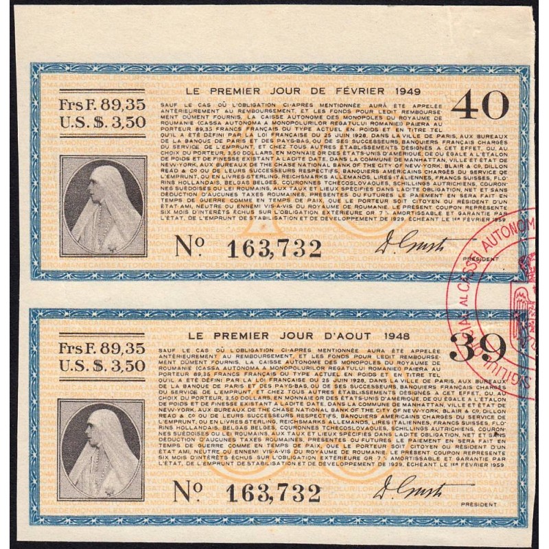 Roumanie - Paire de coupons - 89,35 francs - 1948-1949 - Etat : SUP