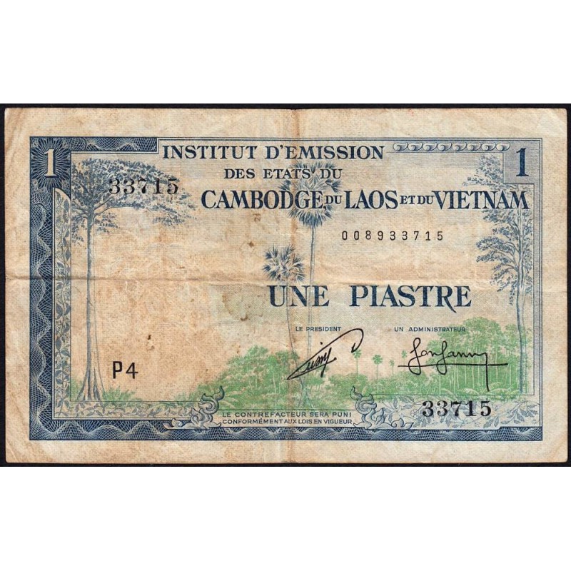 Indochine Française - Cambodge - Pick 94 - 1 piastre - Série P4 - 1954 - Etat : B+