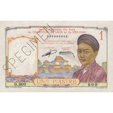 Indochine Française - Pick 92s - 1 piastre - Série 0.000 - 1953 - Spécimen - Etat : pr.NEUF