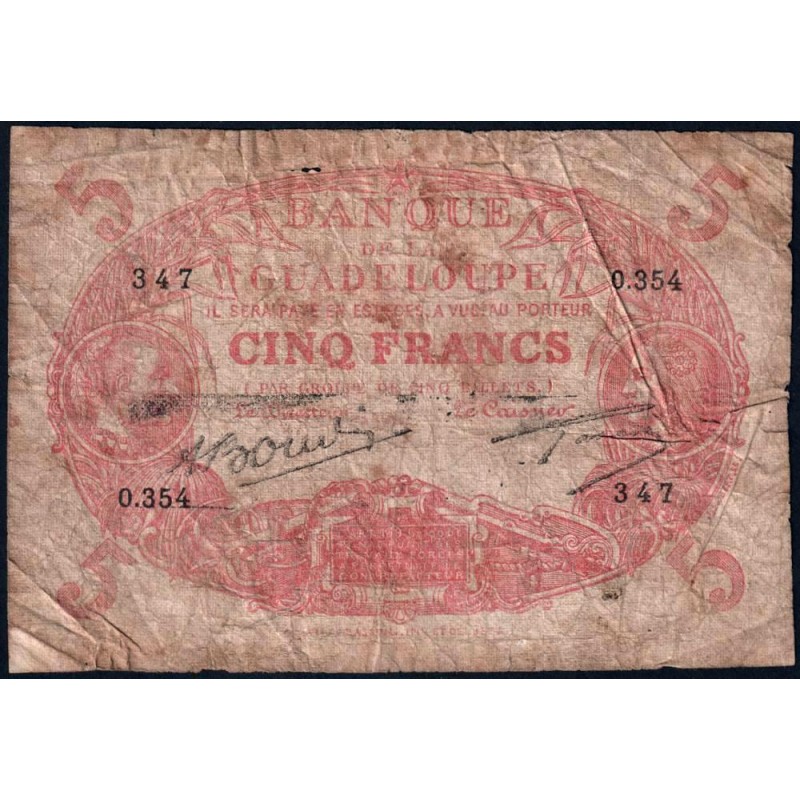 Guadeloupe - Pick 7s - 5 francs - Série O.354 - Avec filigrane - 1945 - Etat : B