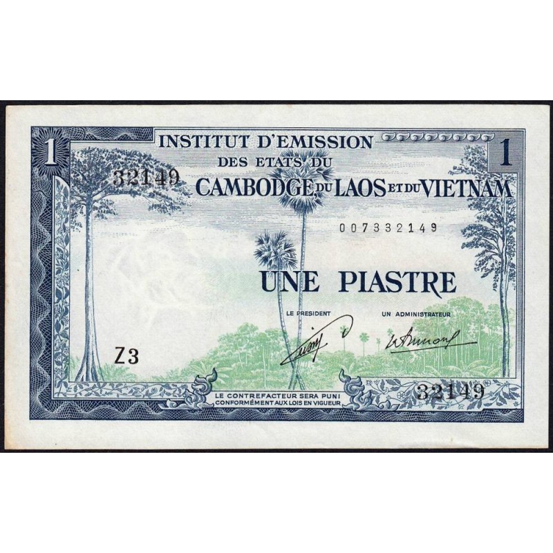 Indochine Française - Laos - Pick 100 - 1 piastre - Série Z3 - 1954 - Etat : SPL