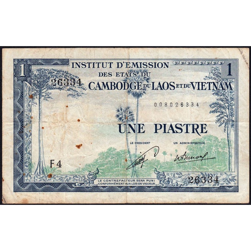 Indochine Française - Laos - Pick 100 - 1 piastre - Série F4 - 1954 - Etat : TB