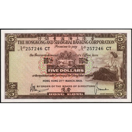 Hong Kong - HSBC - Pick 181c_5 - 5 dollars - Série CT - 27/05/1969 - Etat : NEUF