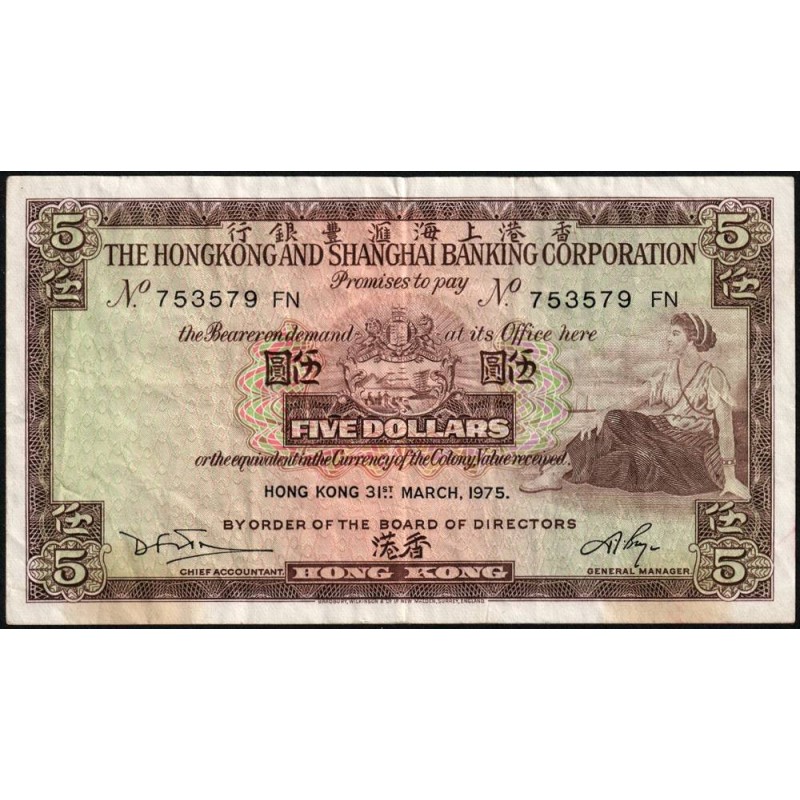 Hong Kong - HSBC - Pick 181f_2 - 5 dollars - Série FN - 31/03/1975 - Etat : TB+