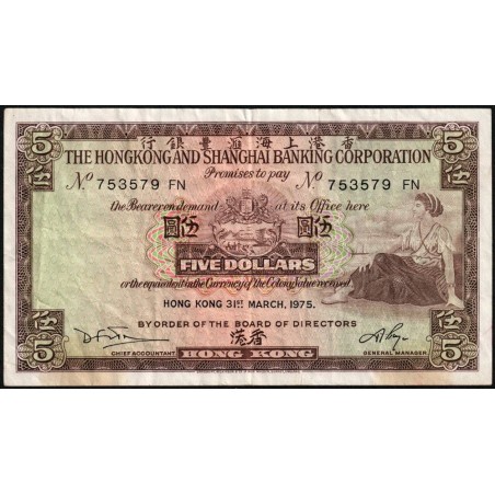 Hong Kong - HSBC - Pick 181f_2 - 5 dollars - Série FN - 31/03/1975 - Etat : TB+