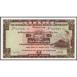 Hong Kong - HSBC - Pick 181f_2 - 5 dollars - Série FY - 31/03/1975 - Etat : NEUF