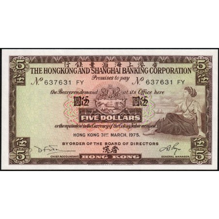 Hong Kong - HSBC - Pick 181f_2 - 5 dollars - Série FY - 31/03/1975 - Etat : NEUF