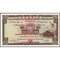 Hong Kong - HSBC - Pick 181f_2 - 5 dollars - Série FZ - 31/03/1975 - Etat : NEUF