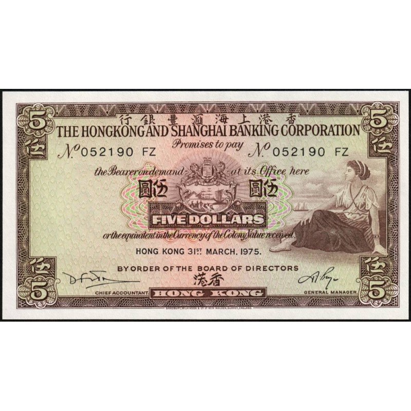 Hong Kong - HSBC - Pick 181f_2 - 5 dollars - Série FZ - 31/03/1975 - Etat : NEUF