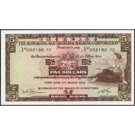 Hong Kong - HSBC - Pick 181f_2 - 5 dollars - Série FZ - 31/03/1975 - Etat : NEUF