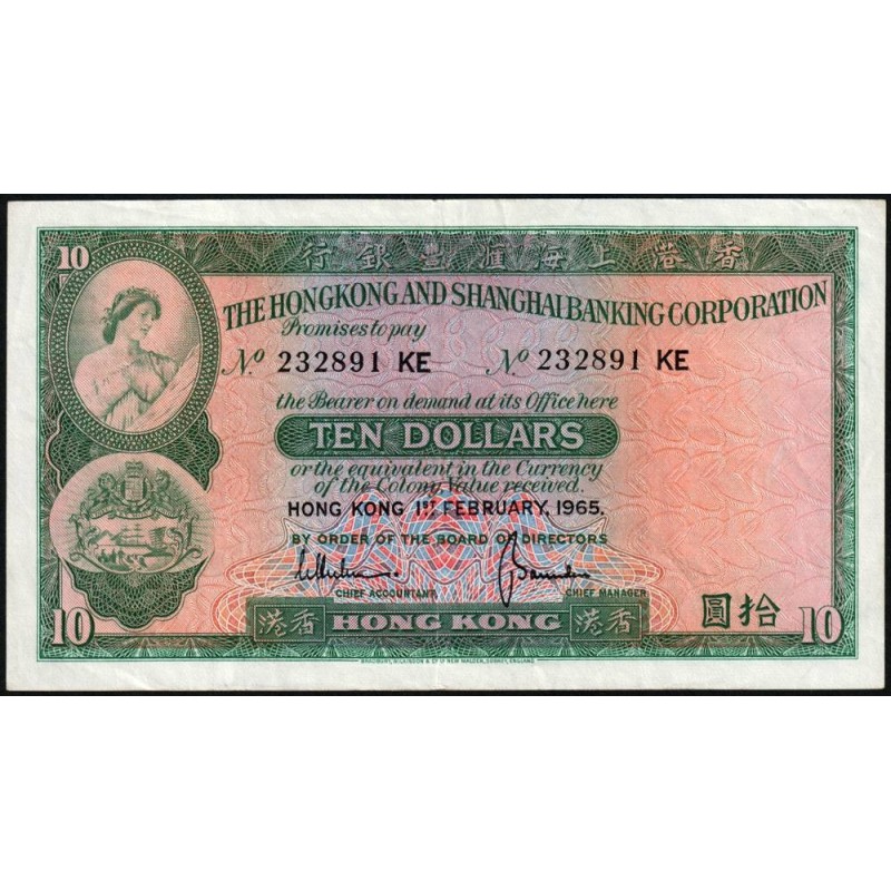 Hong Kong - HSBC - Pick 182e_1 - 10 dollars - Série KE - 01/02/1965 - Etat : TTB+