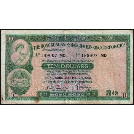 Hong Kong - HSBC - Pick 182f_1 - 10 dollars - Série MD - 20/03/1968 - Etat : TB-