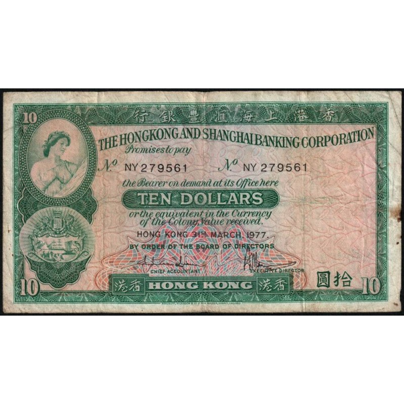 Hong Kong - HSBC - Pick 182h_1 - 10 dollars - Série NY - 31/03/1977 - Etat : B+