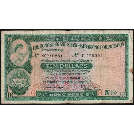 Hong Kong - HSBC - Pick 182h_1 - 10 dollars - Série NY - 31/03/1977 - Etat : B+