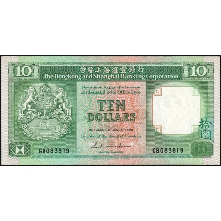 Hong Kong - HSBC - Pick 191a_2 - 10 dollars - Série GB - 01/01/1986 - Etat : SUP+
