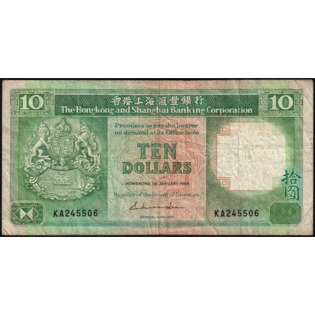 Hong Kong - HSBC - Pick 191a_2 - 10 dollars - Série KA - 01/01/1986 - Etat : TB