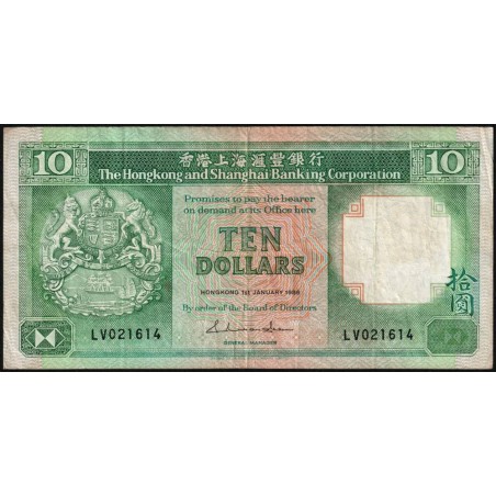 Hong Kong - HSBC - Pick 191a_2 - 10 dollars - Série LV - 01/01/1986 - Etat : TB+