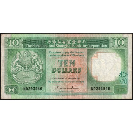 Hong Kong - HSBC - Pick 191a_3 - 10 dollars - Série ND - 01/01/1987 - Etat : TB+