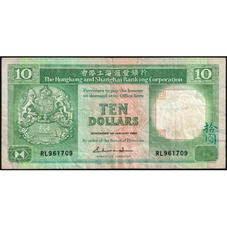 Hong Kong - HSBC - Pick 191b - 10 dollars - Série RL - 01/01/1988 - Etat : TB+