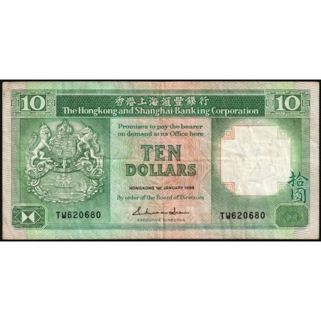 Hong Kong - HSBC - Pick 191b - 10 dollars - Série TW - 01/01/1988 - Etat : TB+