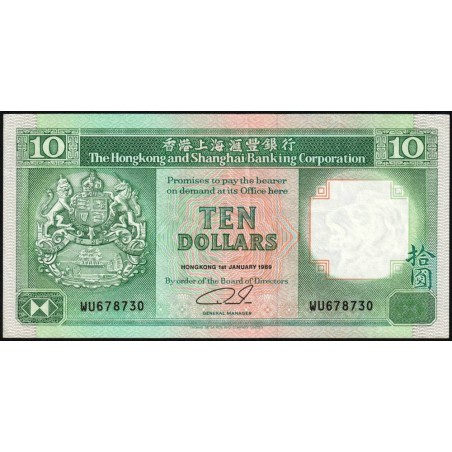 Hong Kong - HSBC - Pick 191c_1 - 10 dollars - Série WU - 01/01/1989 - Etat : TTB+