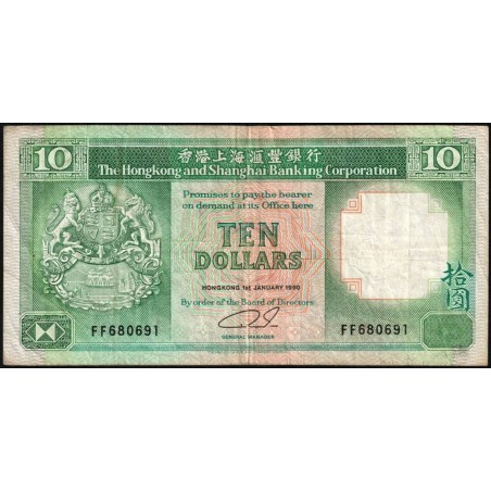 Hong Kong - HSBC - Pick 191c_2 - 10 dollars - Série FF - 01/01/1990 - Etat : TB+