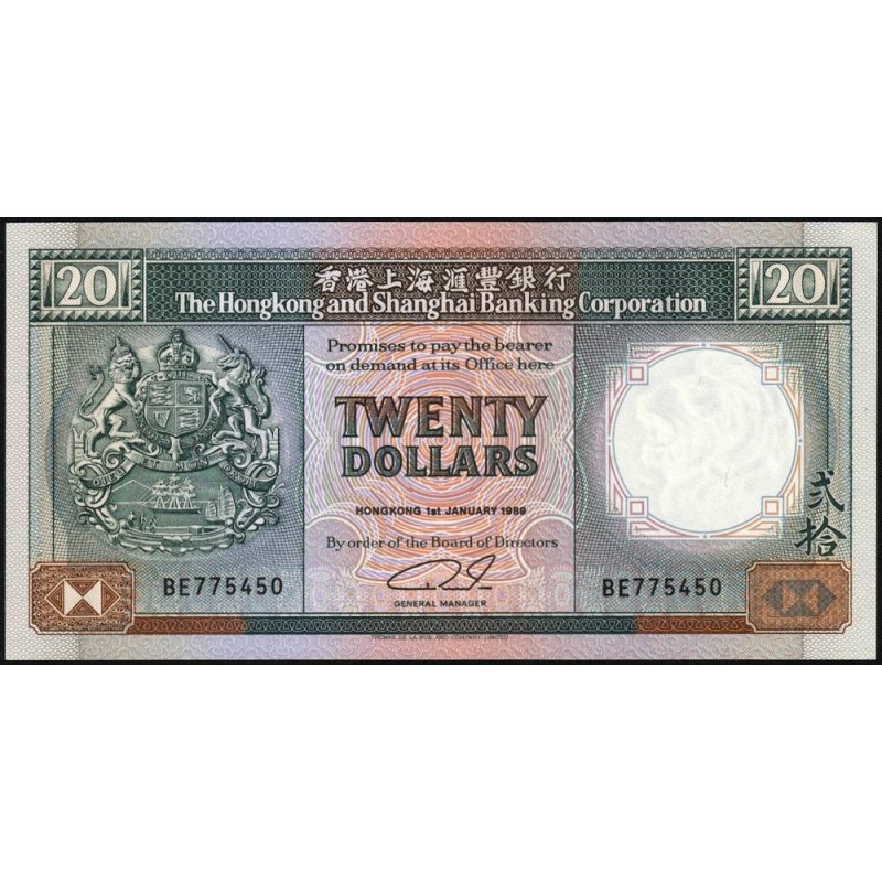 Hong Kong - HSBC - Pick 192c - 20 dollars - Série BE - 01/01/1989 - Etat : NEUF