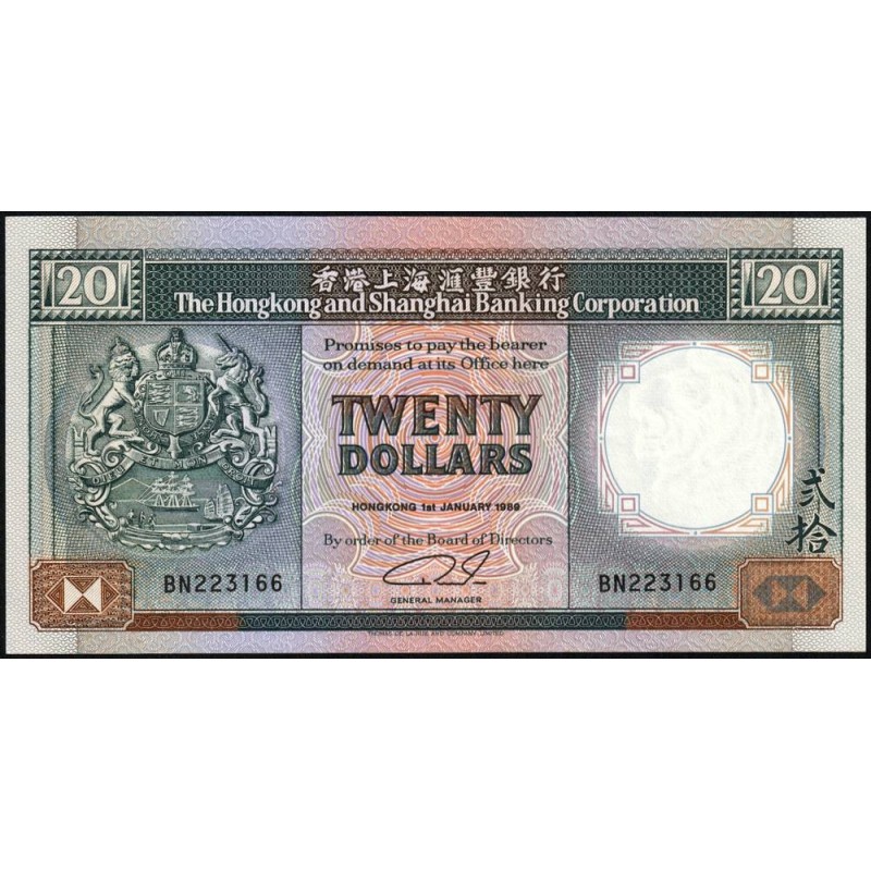 Hong Kong - HSBC - Pick 192c - 20 dollars - Série BN - 01/01/1989 - Etat : SPL+