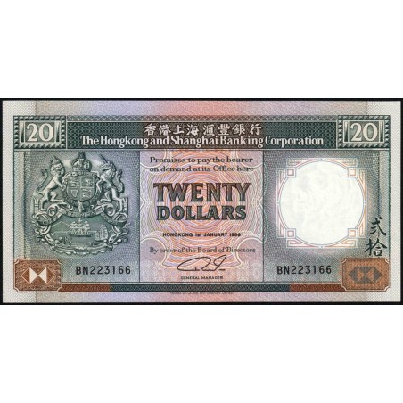 Hong Kong - HSBC - Pick 192c - 20 dollars - Série BN - 01/01/1989 - Etat : SPL+