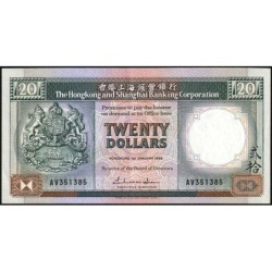 Hong Kong - HSBC - Pick 192b - 20 dollars - Série AV - 01/01/1988 - Etat : SUP