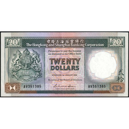 Hong Kong - HSBC - Pick 192b - 20 dollars - Série AV - 01/01/1988 - Etat : SUP