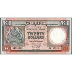 Hong Kong - HSBC - Pick 197a - 20 dollars - Série BQ - 01/01/1990 - Etat : TTB+