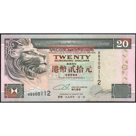 Hong Kong - HSBC Limited - Pick 201a_2 - 20 dollars - Série BB - 01/01/1994 - Etat : SPL+
