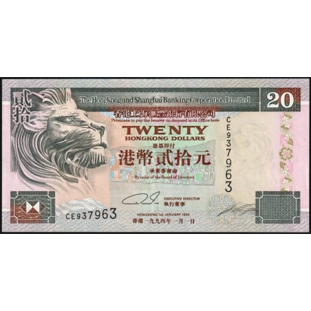 Hong Kong - HSBC Limited - Pick 201a_2 - 20 dollars - Série CE - 01/01/1994 - Etat : SUP
