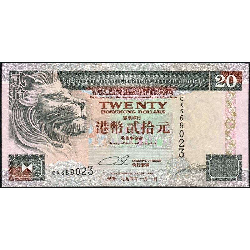 Hong Kong - HSBC Limited - Pick 201a_2 - 20 dollars - Série CX - 01/01/1994 - Etat : SUP+