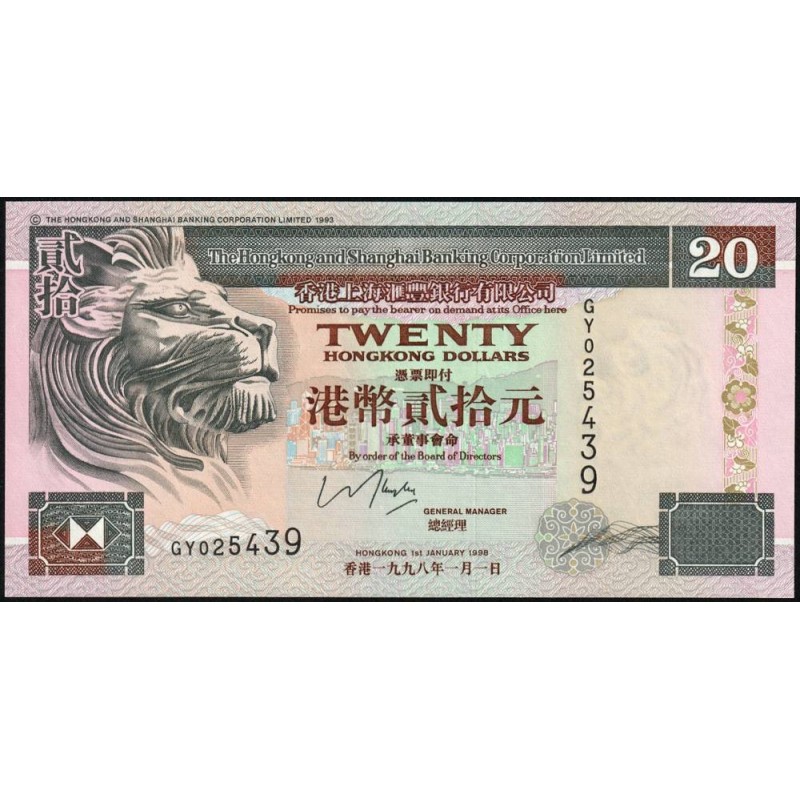Hong Kong - HSBC Limited - Pick 201d_1 - 20 dollars - Série GY - 01/01/1998 - Etat : NEUF