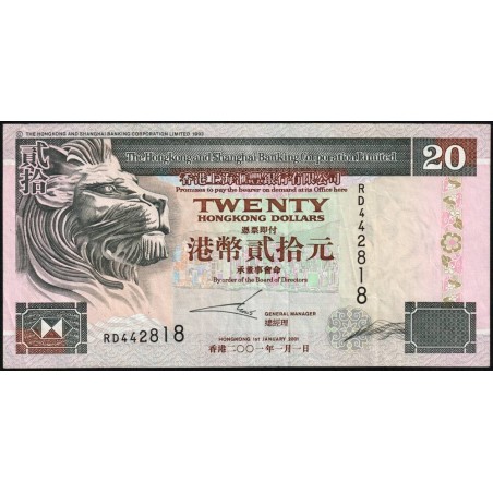 Hong Kong - HSBC Limited - Pick 201d_4 - 20 dollars - Série RD - 01/01/2001 - Etat : TTB