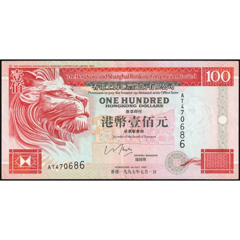Hong Kong - HSBC Limited - Pick 203b_2 - 100 dollars - Série AT - 01/07/1997 - Etat : SUP