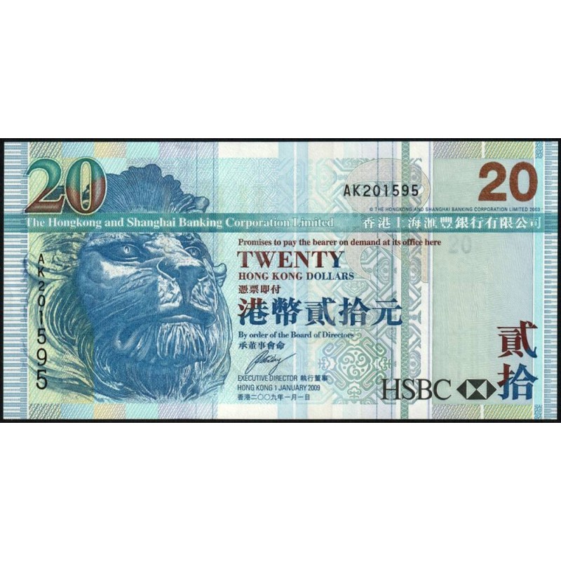 Hong Kong - HSBC Limited - Pick 207f - 20 dollars - Série AK - 01/01/2009 - Etat : NEUF