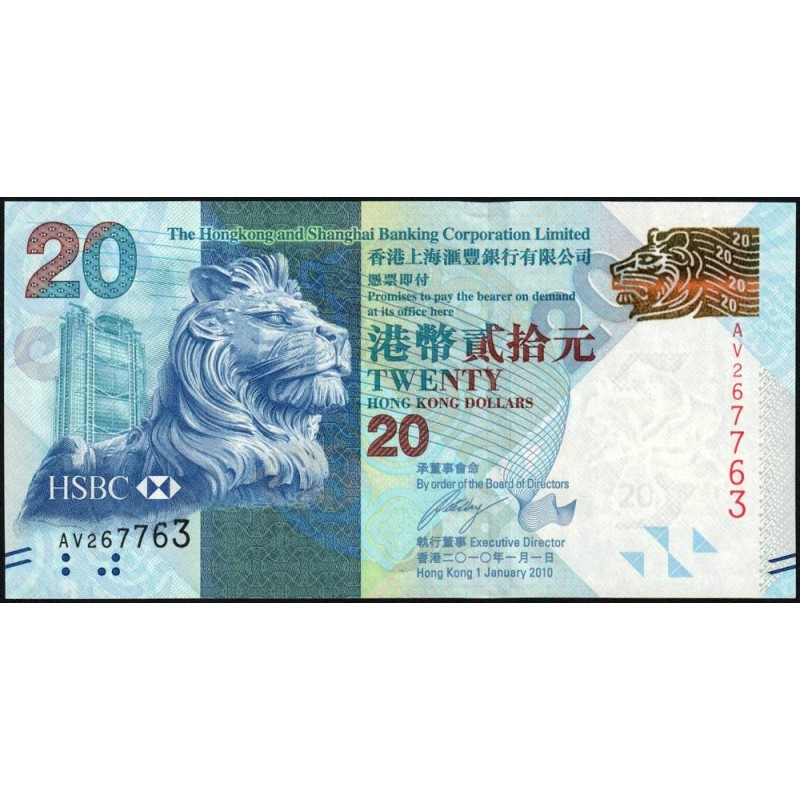 Hong Kong - HSBC Limited - Pick 212a - 20 dollars - Série AV - 01/01/2010 - Etat : NEUF